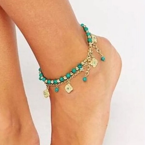 Boho Bohemian Gold Toned Turquoise Beaded Anklet - Picture 8 of 13